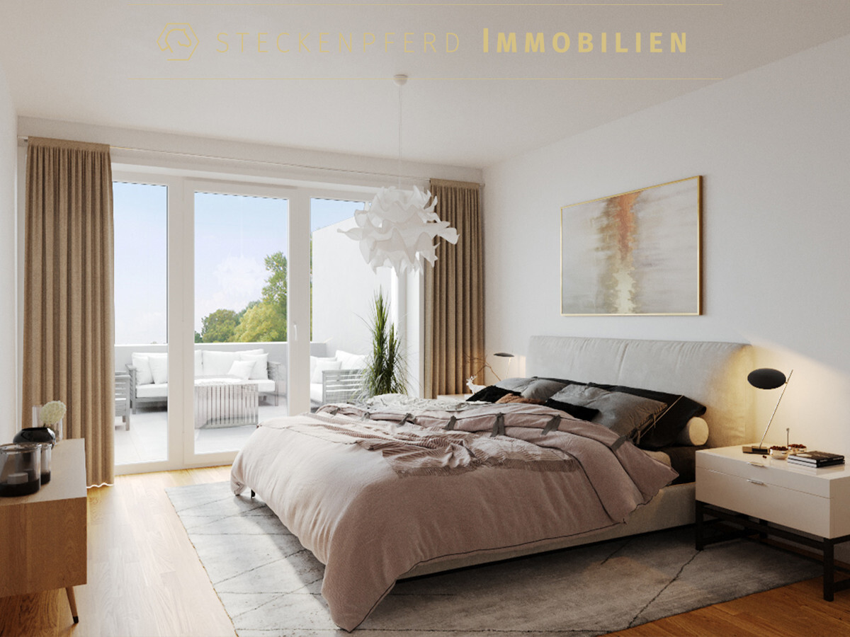 Bosse See Innenansicht Schlafzimmer mit Blick auf die Terrasse